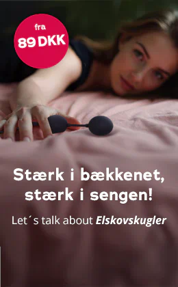 På billedet ligger en kvinde på et lyserødt lagen og strækker en hånd fremad. I hånden holder hun sorte bækkenbundskugler. Med store hvide bogstaver står der: »Stærk i bækkenet, stærk i sengen! - Let's talk about bækkenbundskugler«. Ved siden af er der en rød banner med informationen »fra 89 DKK«. I bunden er der en rød knap med hvid skrift: »Dem vil jeg ha'«.