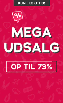 Reklamebanner med rød baggrund, hvid tekst “MEGA SALE”, besked “Kun i kort tid!”, “Op til 73%” rabat og rabat-ikon. Under knappen: Slå til nu.