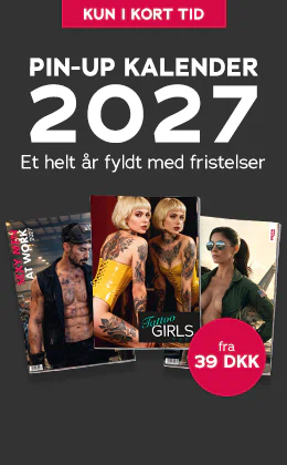 Mørkegrå reklame for PIN-UP-KALENDEREN 2027 med tre forskellige motiver. Øverst står der »Kun i kort tid!«, og nedenunder »Et helt år fyldt med fristelser!«. I en rød cirkel står der »fra 39 DKK«; nederst står der »Mange flere motiver her »«.