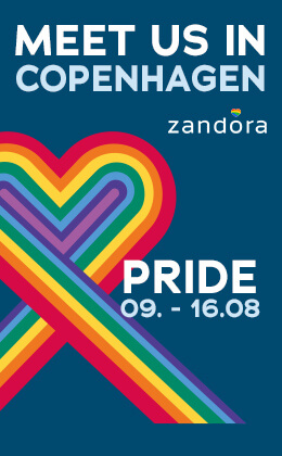 Billedet viser en reklame med et stort hjerte i regnbuens farver på en mørkeblå baggrund. Sandora-logoet er over det. Med store hvide bogstaver står der: »MEET US IN COPENHAGEN PRIDE 09 - 16.08«. Nederst på billedet er der en rød knap med hvid skrift: »For more information «