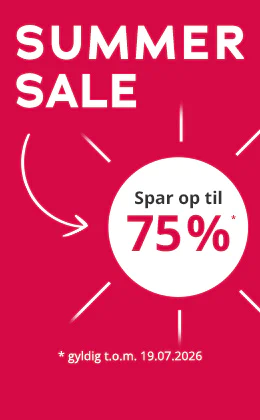 Grafik med rød baggrund og teksten 'Summer Sale'. En pil peger på en hvid cirkel med teksten: 'Spar op til 75 %'. Lille tekst: 'gyldig t.o.m. 19.07.2026'.