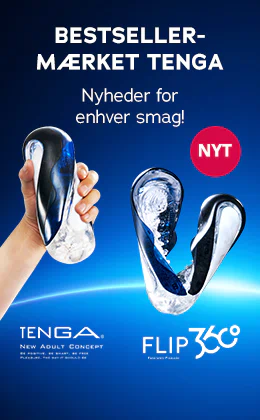 Banner for mærket TENGA på mørkeblå baggrund. En hånd holder en transparent blå masturbator, og ved siden af vises produktet „FLIP 360°“ i to yderligere visninger. Til venstre står „Bestseller-mærket“ og „Nyheder for enhver smag!“, til højre en pink cirkel med „NYT“.