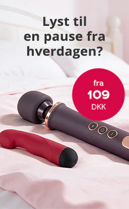 Lilla stavvibrator og rød vibrator på lyserødt sengetøj. Tekst: „Lyst til en pause fra hverdagen?“ Fra 14,95 €. Knap: „Find din vibrator »“
