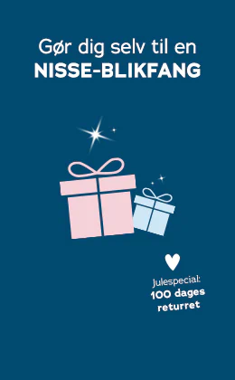 Billedet viser en reklameannonce. Øverst står der på rød baggrund »Julespecial: 100 dages returret«. Derunder står der på blå baggrund »Gør dig selv til en jule-blikfang«. Ved siden af er der afbildet to gavepakker. Nedenunder er der en rød knap med påskriften »Find din pakkelegengave «.