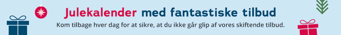Lyseblåt banner med teksten »Julekalender med gode tilbud«, gaver, julekugler og en bemærkning: Opdag nye tilbud hver dag.