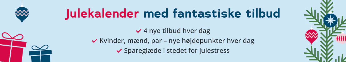Lyseblåt banner med teksten »Julekalender med gode tilbud«, juletræ, gaver og bevægelige snefnug Højdepunkter: Info om, hvad man kan forvente: - 4 nye tilbud hver dag - Til kvinder, mænd og par - Spareglæde i stedet for julestress