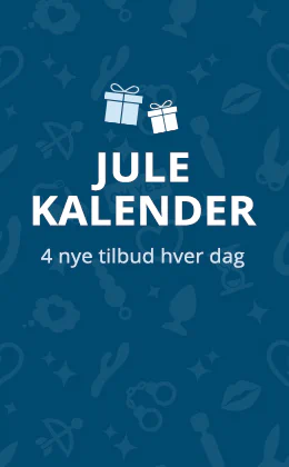 Reklamebanner med teksten "Adventskalender – Dagligt 4 nye tilbud", to gaveikoner og rød knap "Spar nu og åbn lågen".