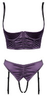 Åben BH plus trusse med seler af stretch satin i ædel lilla med sorte detaljer