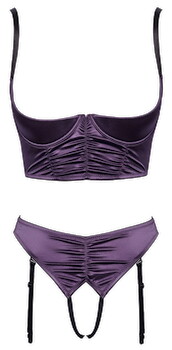 Hovedbillede af Åben BH plus trusse med seler af stretch satin i ædel lilla med sorte detaljer