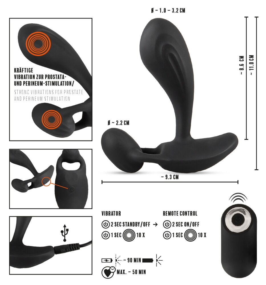 Analvibrator RC Two Spot Massager med fjernbetjening, 10 vibrationsmodi