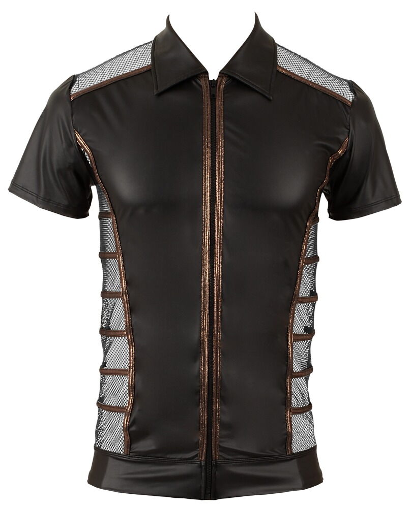 Shirt i wetlook med mesh-indsatser