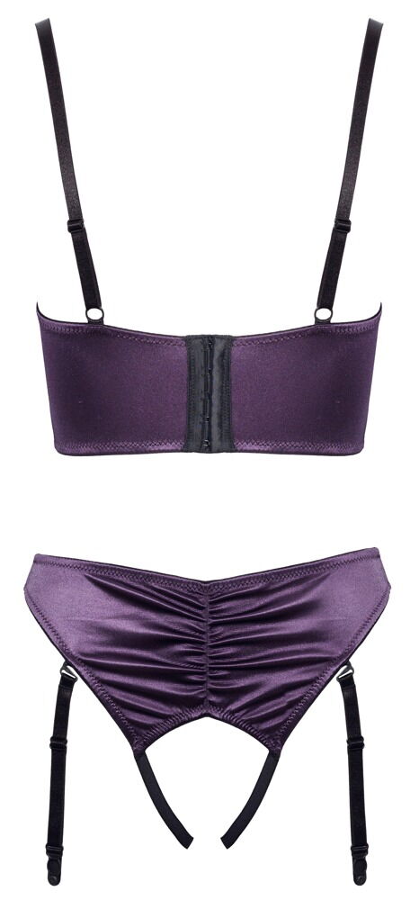 Åben BH plus trusse med seler af stretch satin i ædel lilla med sorte detaljer