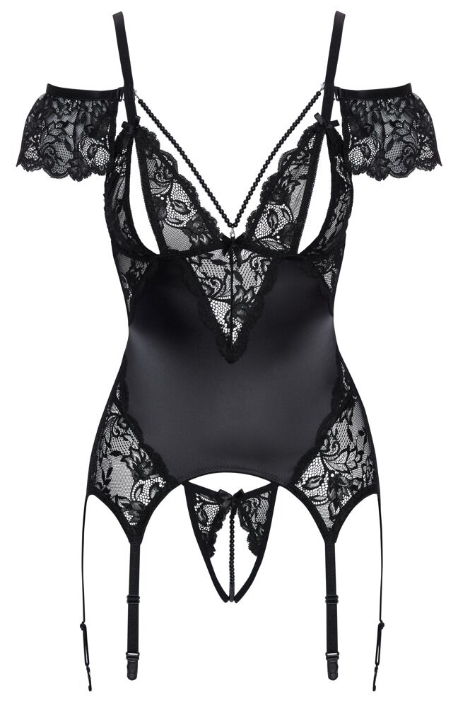 Bustier med strømpeholdere inkluderer en åben g-string