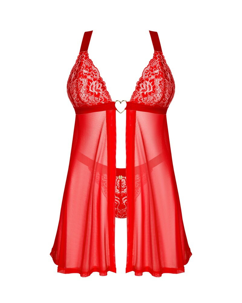 Babydoll plus string "Elianes" i rød transparens med blonder