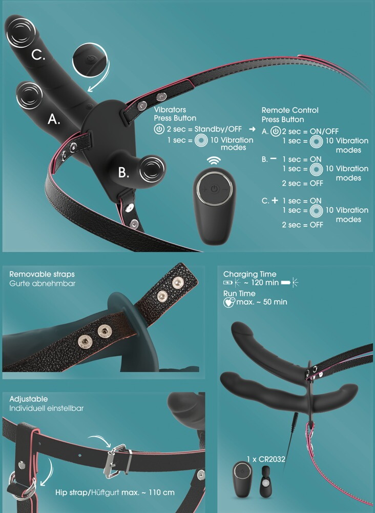 Strap-on "RC Double Outside" med 3 vibratorer