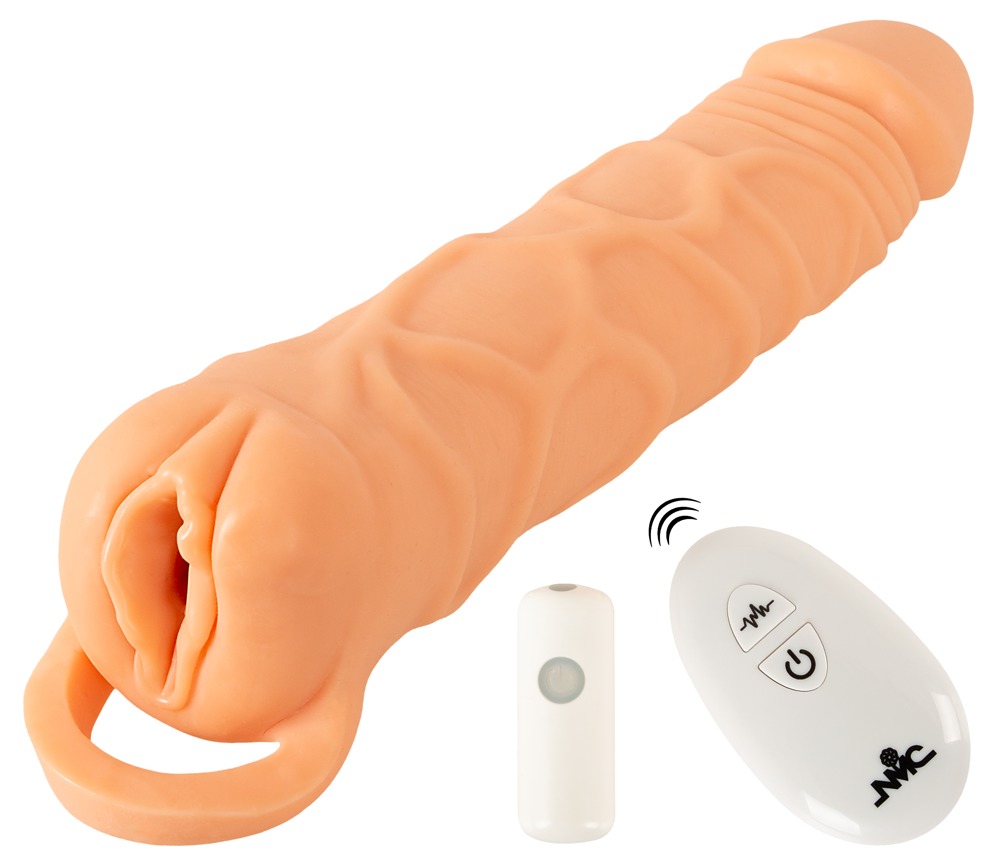 Vibrerende penishylster "2in1 Extension & Masturbator RCâ med testikelring